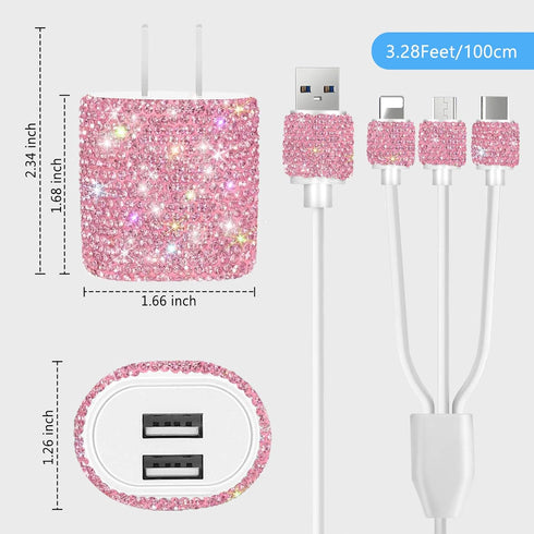 Bling 3-in-1 USB Wall Charger & Cable for iPhone/Android, Pink Crystal Decor, Multi USB Cord, Cell Phone Accessories.