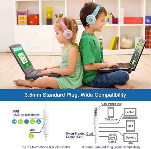 SIMOLIO Wired Headphones for Kids with Mic & Share Port, 75dB/85dB/94dB Volume Limit, Children Headphone with Portable
