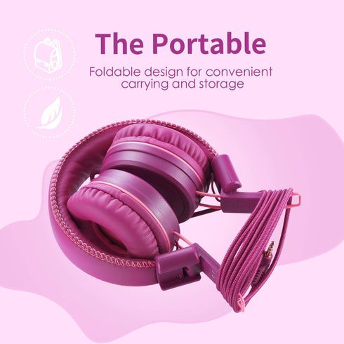 POWMEE M1 Kids Headphones - Foldable, Adjustable, Tangle-Free, On-Ear, 3.5MM Jack, Purple, Perfect for Children.