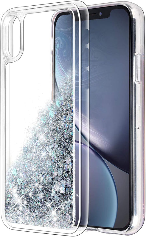 iPhone XR Case, Silver Bling Flowing Liquid Floating Sparkle Colorful Glitter TPU Double Layer Protective Phone Case