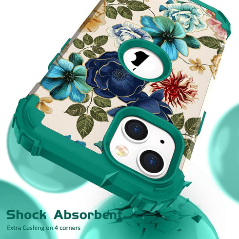 Hocase iPhone 14/13 Case - Heavy Duty Shockproof Protection, Soft Silicone & Hard Plastic Bumpers, Teal Flowers (6.1")