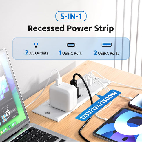 DOACE 18W Table,2 Outlets,3 Ports,6ft 45 Recessed Power Strip with USB C Fast Charging Conference Recessed