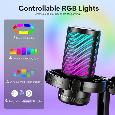 MAONO Gaming Microphone USB for PC, RGB Lights, Noise Cancellation Condenser Mic, Mute, Gain for Streaming, Recording,