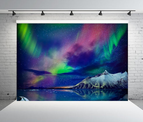 BELECO 5x3ft Fabric Gorgeous Northern Lights Backdrop Norway Aurora Borealis Alaska Snow-Capped Mountains and Sea View