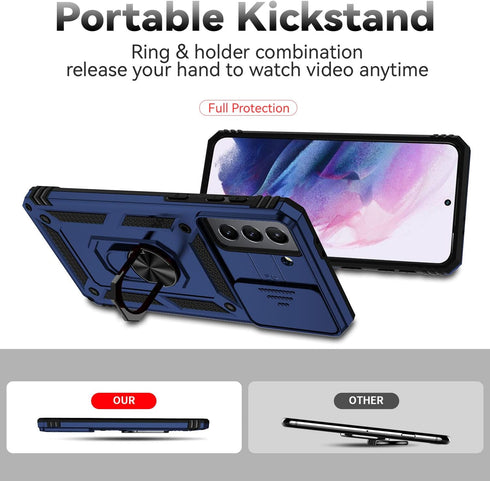 Samsung Galaxy S21 5G Protective Case - Navy Blue, Dual Layer, Kickstand, Magnetic Ring Holder, Drop Tested, Screen