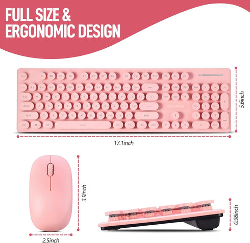 Wireless Keyboard and Mouse Combo - Full Size Compact Quiet Set 2.4G Ultra-Thin Design for Windows, PC, Laptop, Pink.
