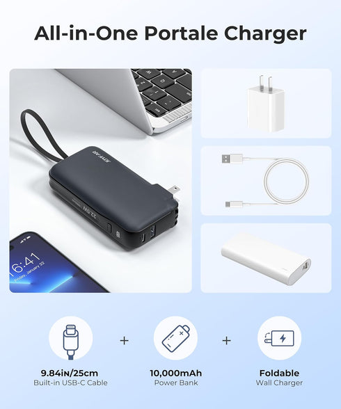 3-in-1 Power Bank 10,000mAh with Built-in USB-C Cable, Fast Charging, Foldable AC Wall Plug for iPhone 16/15, Galaxy