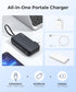 3-in-1 Power Bank 10,000mAh with Built-in USB-C Cable, Fast Charging, Foldable AC Wall Plug for iPhone 16/15, Galaxy