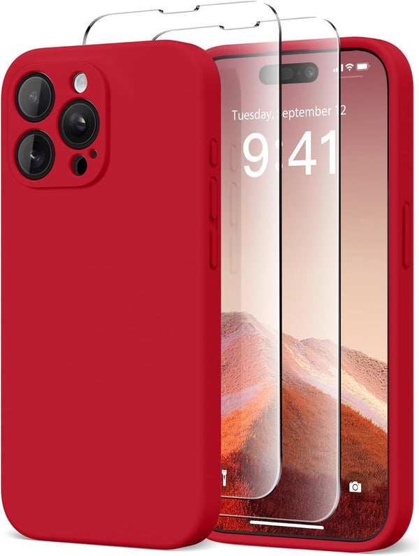iPhone 15 Pro Max Case, Deep Red Silicone, MagSafe Compatible, Shockproof, Full Camera Protection, Includes 2 Screen