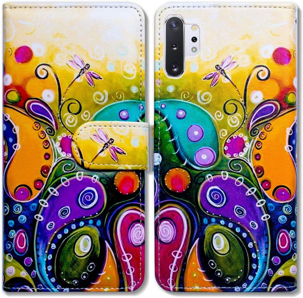 Colorful Dragonfly Wallet Leather Cover Case for Galaxy Note 10 Plus with Kickstand, Card Holder, Magnetic Closure