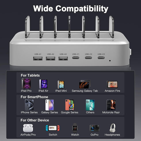 MSTJRY 90W 6-Port USB C Fast Charging Station - Multi PD Charger Station for iPhone, iPad, Tablet, Phone, Charging Dock
