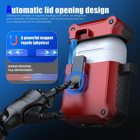 Airpods 2nd and 1st Generation Protective Cases Automatic Pop-up with Safety Lock Clip, Full Body Shockproof Hard Case with Keychain (Free Cleaning Tool) - Red