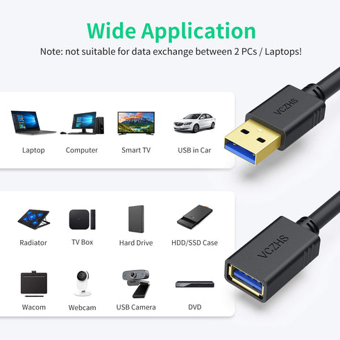 USB Extension Cable 6ft, VCZHS USB 3.0 A Male to A Female for Flash Drive, Card Reader, Hard Drive, Printer