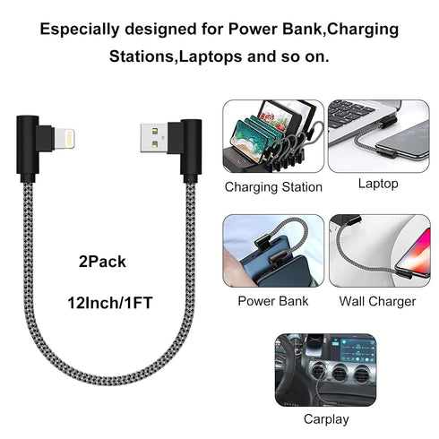 iPhone Charger 1ft 90 Degree 2 Pack MFi Certified Elbow Short Lightning Cable for iPhone 14/13/12/11 Pro X XS XR 8 Plus