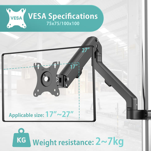 Height Adjustable Pole Mount Monitor Arm for 17"-27" Screens, VESA 75x75 and 100x100, Holds up to 15.4 lbs