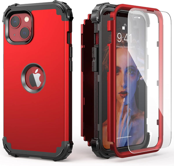 IDweel iPhone 15 Case - Red, 3-in-1 Shockproof Hybrid, Hard PC & Soft Silicone Bumper, with Tempered Glass Protector.