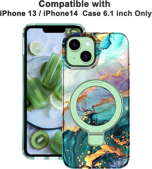 Lamcase iPhone 13/14 Case, Magnetic Invisible Ring Stand, Rugged Slim Shockproof Marble Design, Dark Green