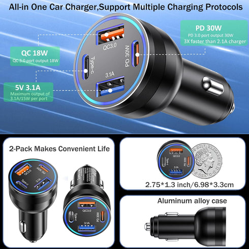 USB C Car Charger, 2 Pack 4-Port 65W Dual USB-C & USB-A Fast Charging Adapter for iPhone 15 14 13 12 11 Pro Max