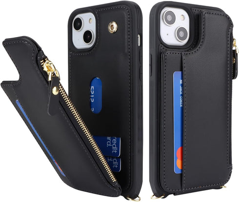 Cavor iPhone 13 Case with Card Holder, Wallet Case for Women, Leather Zipper Pocket Case with Strap (Black)