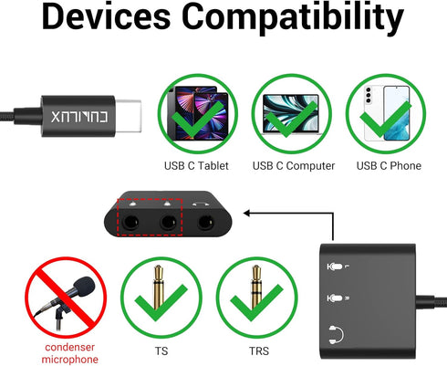 Cubilux Dual TRS Microphone to USB Connector, Type C to 2-Way MIC Adapter for iPad Pro, Samsung S24, Pixel 8/7/6 Pro