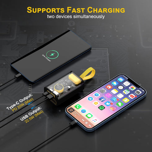 10000mAh Portable Charger, 22.5W Fast Charging Small Power Bank, Transparent External Battery Pack, Input/Output