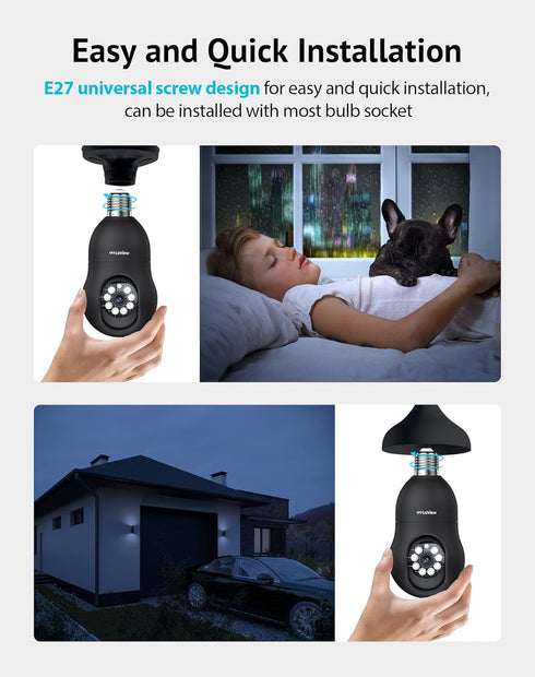 LaView 4MP Bulb Security Camera 2.4GHz, 360° Wireless Outdoor Indoor Full Color Day and Night, Motion Detection,