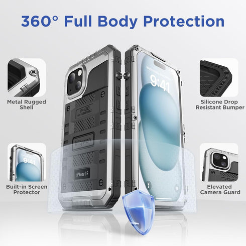 Mitywah Heavy Duty Waterproof Case for iPhone 15, Full Body Underwater Protective Metal Case with Built-in Screen