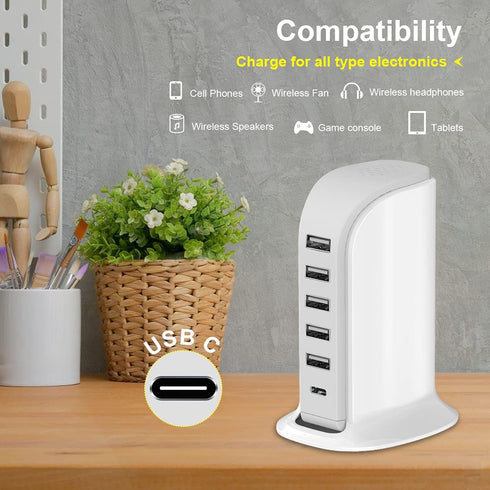 Upoy Charging Station for Multiple Devices, 40W Wall Charger Block with 5 USB Ports, Smart IC, Charger Tower