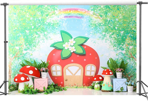 Yeele 7x5ft Strawberry Birthday Backdrop, Cartoon Green Tree Rainbow Mushroom House for Baby Shower Party
