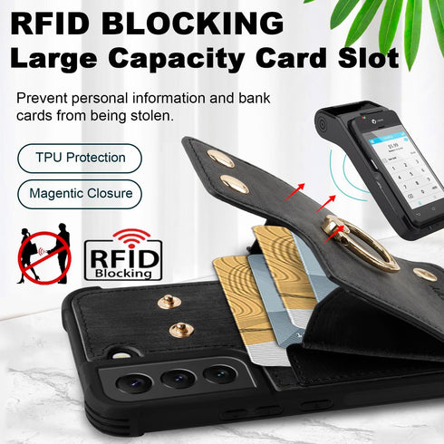 Compatible Galaxy S22 Wallet Case with Credit Card Holder, Shockproof Phone Cover with 360° Rotation Ring Stand