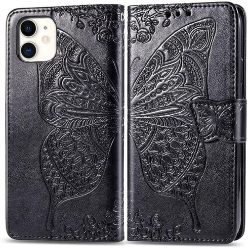 iPhone 11 Wallet Case, Women Flip Folio Cover with Butterfly Embossed PU Leather Stand Card Holder Slots, Magnetic
