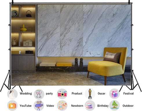 SHDASMIL 5X3ft Luxury Marble Wall Interior Backdrop Yellow Accent Chair Elegant Shelf Background Modern Asian Style