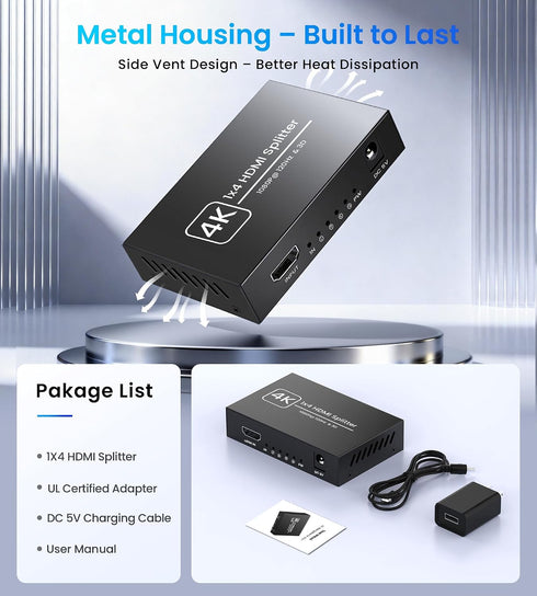 Happfeel 1 4 1x4 5V 4K@30Hz, 1080P@120Hz, 3D, HDMI Splitter in Out Mirror Display Only, Powered HDMI Video Splitter
