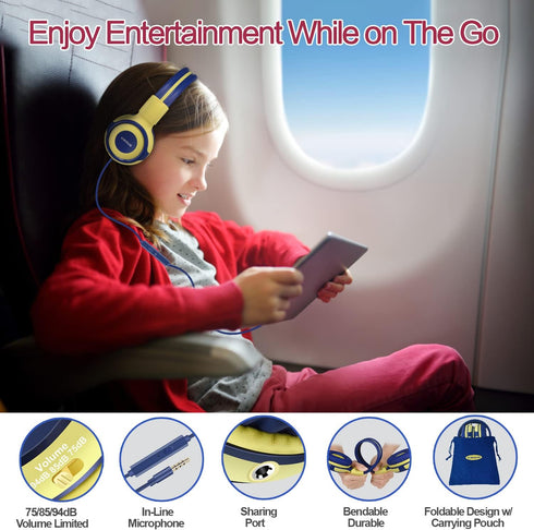 SIMOLIO Kids Headphones with Microphone, 75dB-85dB-94dB Volume Limited Headphone Share Port, On-Ear Wired Headphone with AUX Jack, Foldable & Durable Headphones for Children, Teens, Adults(Yellow)
