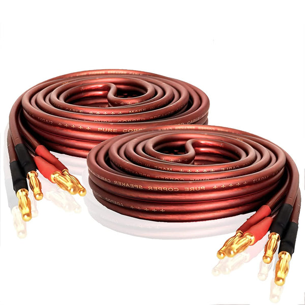LONPOO 14 Gauge Speaker Wire, Pure Copper Cable with 245 Strands Gold Plated Banana Plugs, 6.6 Feet 2 Pack