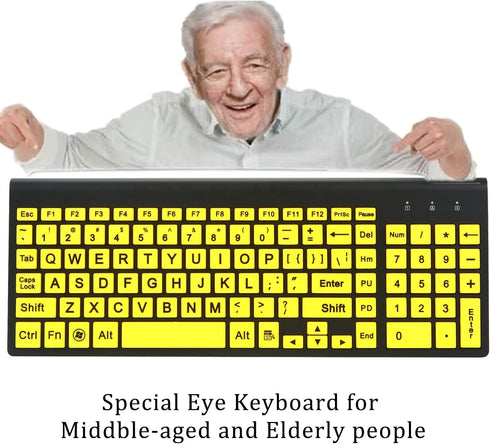 Full Size Large Print 2.4g Wireless Keyboard and Mouse with Oversized Print for Kids, Visually Impaired, Low Vision