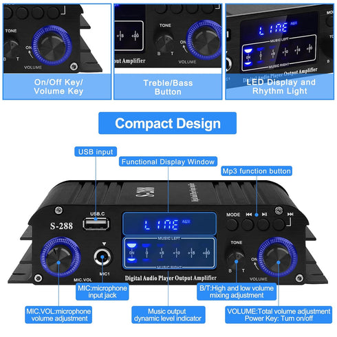 Stereo Audio Amplifier S-288 - 4.0CH Bluetooth 5.0 HiFi Mini Amplifier Receiver RMS 40Wx4, Max 600W, USB, FM, Adapter
