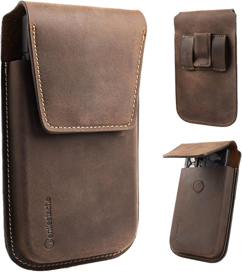 Gentlestache Darkbrown Leather Cell Phone Holster with Belt Clip, Flip Case for iPhone 14/13 Pro Max, Universal Pouch
