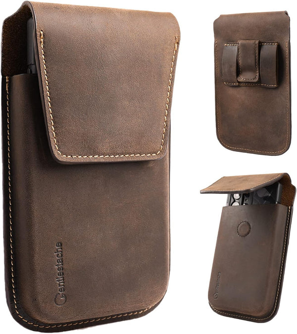 Gentlestache Darkbrown Leather Cell Phone Holster with Belt Clip, Flip Case for iPhone 14/13 Pro Max, Universal Pouch