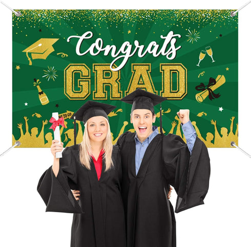 Green Graduation Banner 2025 Congrats Grad, Large Fabric Backdrop for Graduation Party Decoration 71 x 43”
