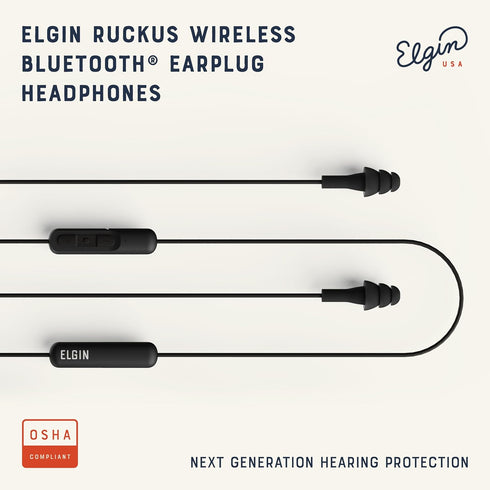 Elgin Ruckus Wireless Bluetooth Earplug Headphones, 25 dB Noise Reduction, 12 Hour Battery, IP65 Sweatproof, OSHA