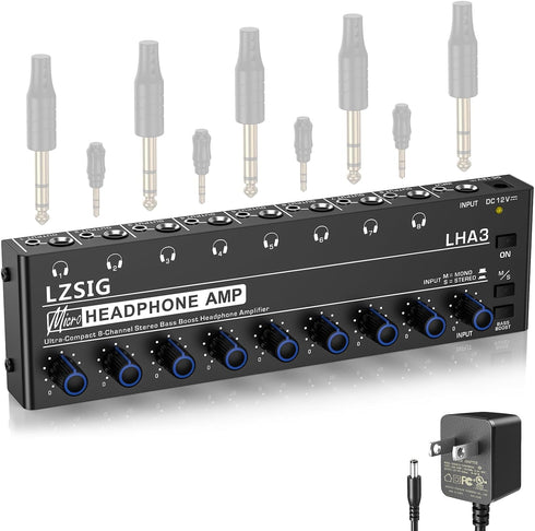 LZSIG 8 Channel Metal Stereo Audio Amplifier Headphone Splitter with Power Adapter, 1/4" & 1/8" TRS Outputs