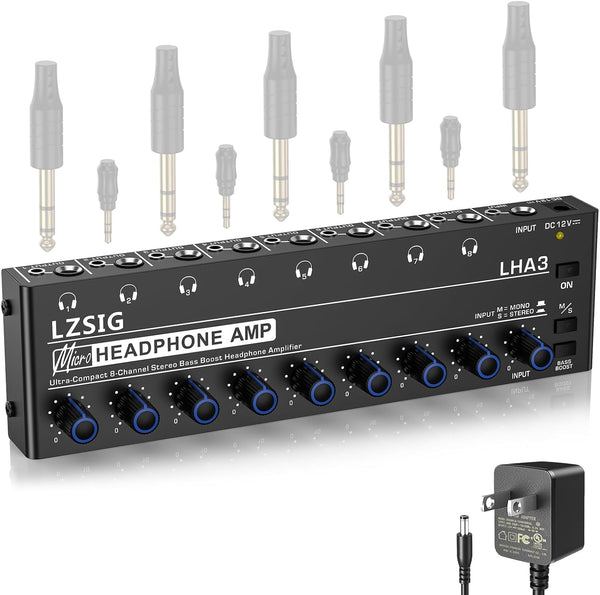 LZSIG 8 Channel Metal Stereo Audio Amplifier Headphone Splitter with Power Adapter, 1/4" & 1/8" TRS Outputs