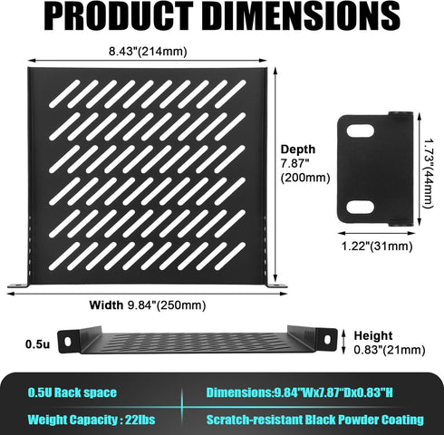 ElaraBerry 1 Pack 0.5u 7.87" 10" Server Rack Shelf Deep Ventilation Rackmount Cantilever Tray Bracket for Network