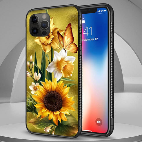 iPhone 11 Pro Max Case Compatible, Butterfly Golden Sunflower Pattern Design Hard PC Back Cover, Non-Slip TPU for Women