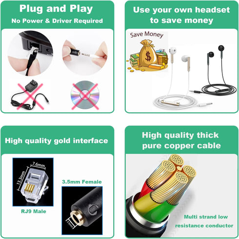 VoiceJoy 3.5mm Smartphone Headset to RJ9 Adapter Cable - 3.5mm Stereo Headphone Converter for Yealink IP Phones