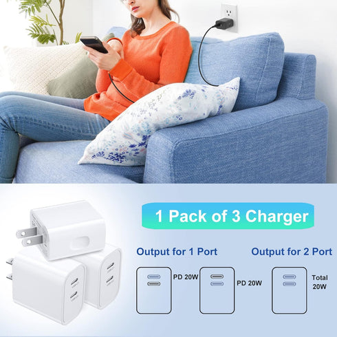 20W USB C Wall Charger Block, Costyle 3 Pack Dual Port Charging Block for iPhone 15 Pro 15 Plus 11 12 13 14 15 Pro Max