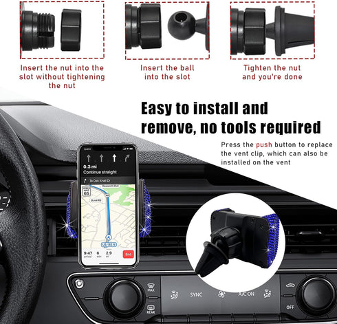 Bling Car Phone Holder, 360 Degree Adjustable Crystal Mount for Dashboard, Air Vent, Windshield (Royal Blue)