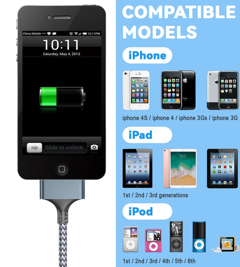 USB to 30 Pin Charging Cable (10 Feet) by Herfair - Nylon Braided USB Charging Cord Compatible with iPhone 4/4s/3G/3GS,