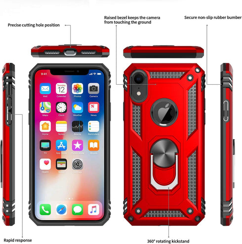 LeYi Heavy Duty iPhone XR Protective Case - Military-Grade Shockproof Case with Ring and 2PCS Screen Protector, Red